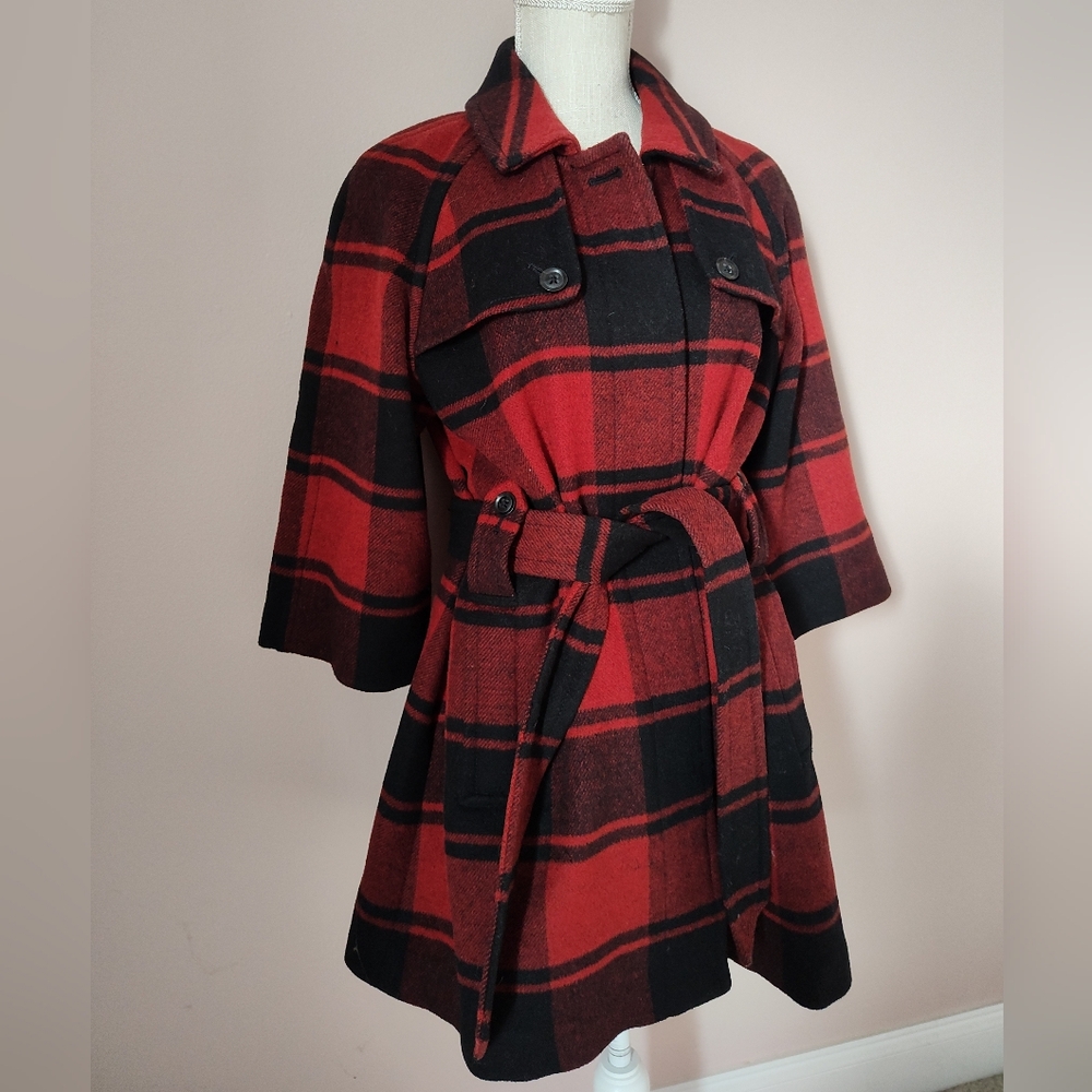 🥰 Vintage Y2K (2008) GAP Buffalo Plaid 3/4 Sleeve Mid Length Wool Pea Coat, SM - Picture 5 of 15